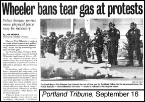 image of Sept 16, 2020Portland Tribune article Wheeler bans tear 
gas at protests