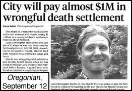 image of Sept 12, 2020 Oregonian article City will pay almost 
$1M in wrongful death settlement
