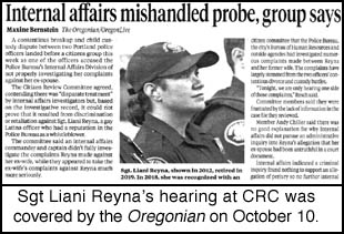 image of Oct 10, 2020, Oregonian article Internal affairs 
mishandled probe, group says