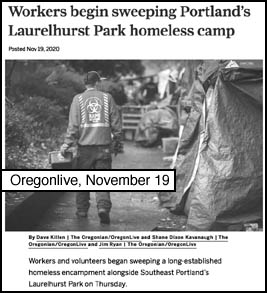 image of Nov 19, 2020 Oregonlive article Workers begin sweeping 
Portland's Laurelhurst Park homeless camp.