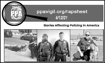 [image of merged photos from the PPA vigil site 
depicted as being under a metaphorical magnifying lense. Images include cops interacting with 
tourists by having them lie on the ground pretending to be under arrest, officers modeling gas 
masks, and an officer posed with a goat, yes a goat.]