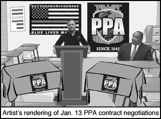 [artist's rendering of Jan 14 PPA contract 
negotiations featuring the Thin Blue Line flag at PPA]