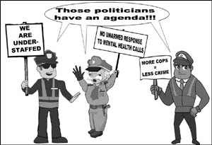 [political cartoon about cops abusing the claims of politicians 
having agenda]